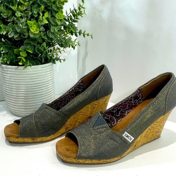 Toms Wedge Sandals Peep Toe Corklike Heel Blue Jean Women’s Shoes Size 9 1/2 - Picture 13 of 15